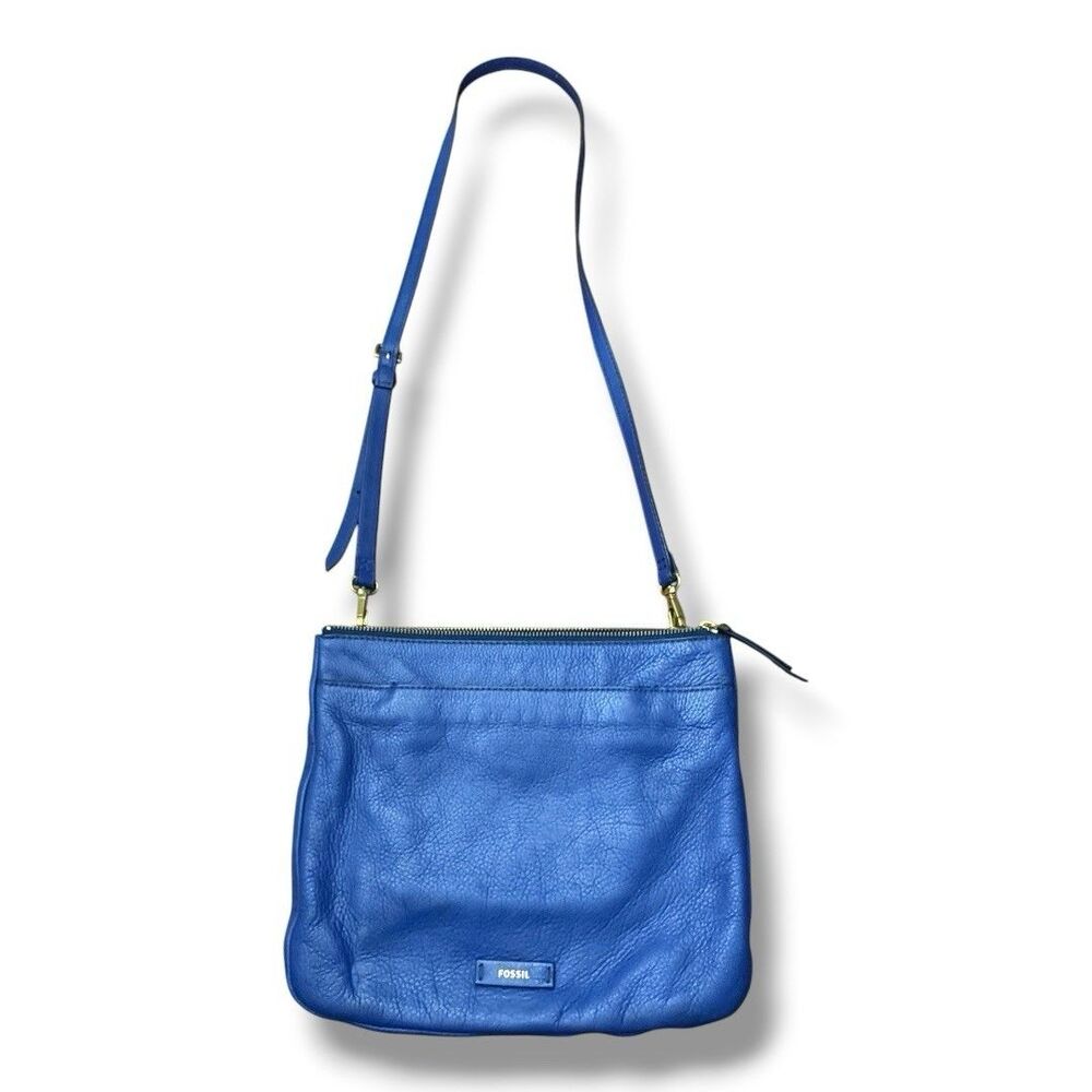 Fossil Blue Leather Crossbody Bag Gold Zipper Hardware Medium Classic Purse